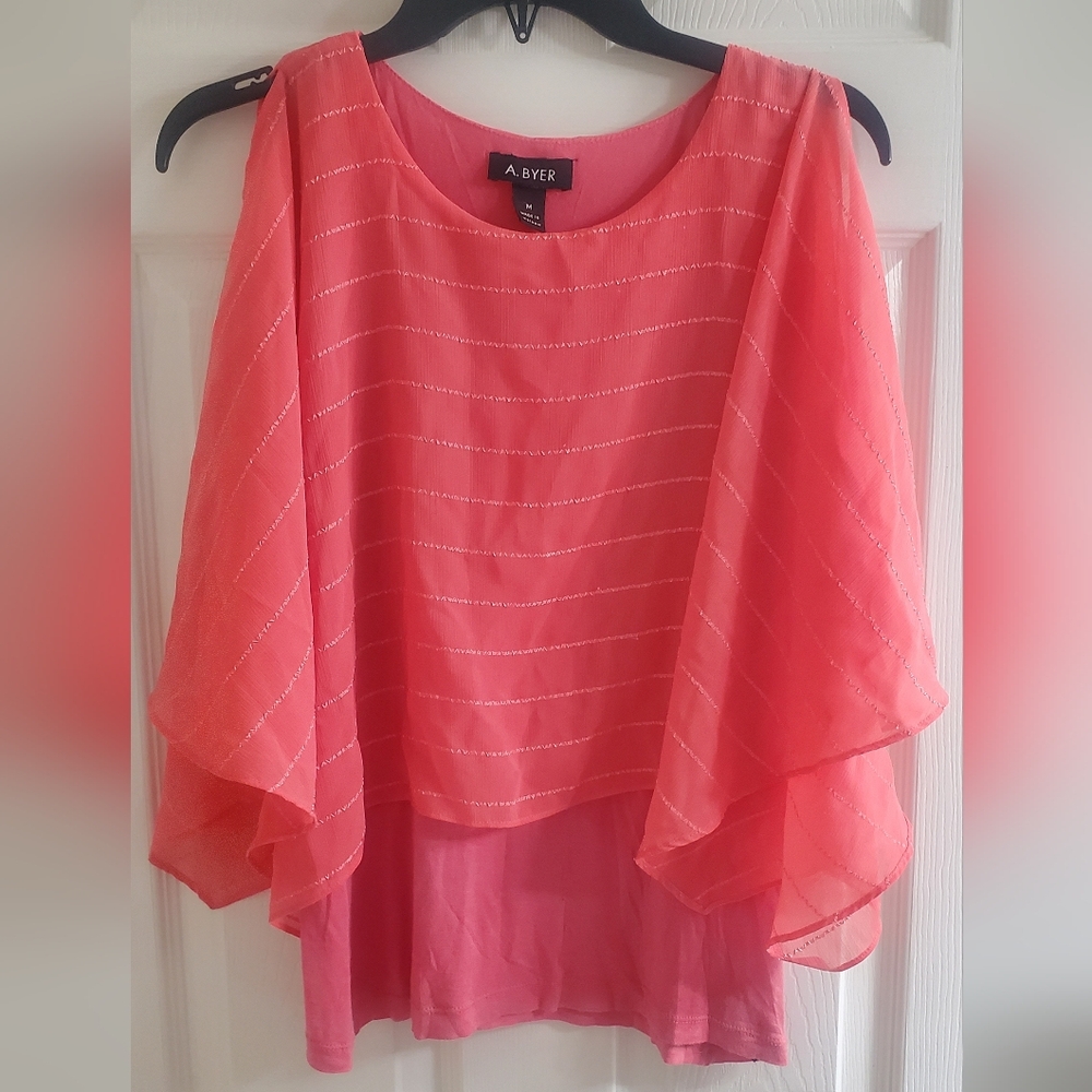 A. Byer Coral Blouse with Sheer Overlay